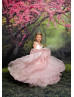 Off Shoulder Pink Beaded Lace Layered Tulle Flower Girl Dress